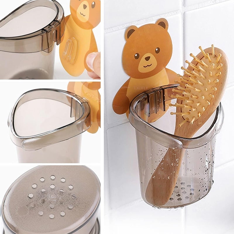 EXOFLY EXOFLY Toothbrush Holder Plastic Stand for Toothpaste, Comb, Brush, Cream, Lotion Kids Bathroom Cup Drain Waterproof Self-Adhesive, Teddy Bear (Set of 2 Pcs) - Image 3