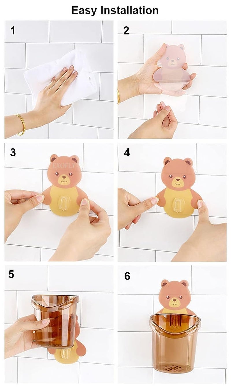 EXOFLY EXOFLY Toothbrush Holder Plastic Stand for Toothpaste, Comb, Brush, Cream, Lotion Kids Bathroom Cup Drain Waterproof Self-Adhesive, Teddy Bear (Set of 2 Pcs) - Image 5