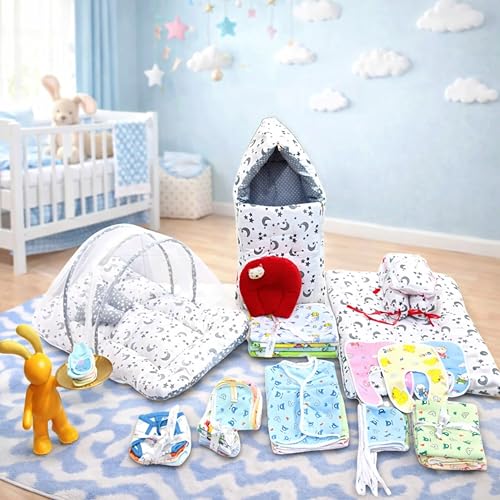 Infantbond 60 in 1 Summer Season New Born Baby Complete Daily Items Combo | Baby Gift Set (0-6 Months) (Grey Moon) - Image 1