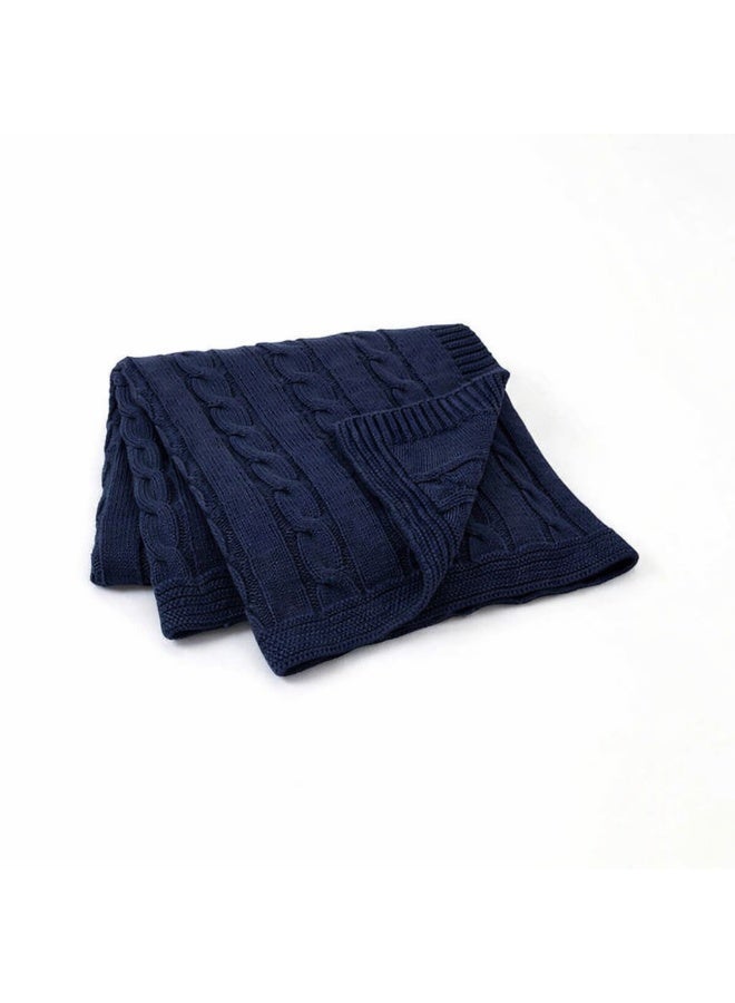 Mamas Gift Navy Blue Cable Knit Baby Blanket – Soft Breathable Cotton Baby 80X100Cm - Image 1