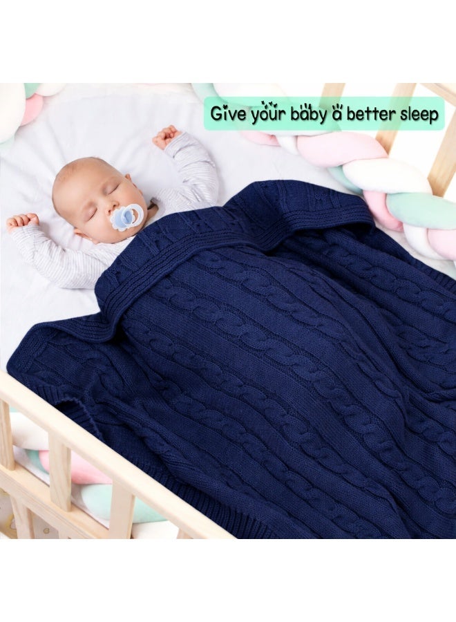 Mamas Gift Navy Blue Cable Knit Baby Blanket – Soft Breathable Cotton Baby 80X100Cm - Image 2