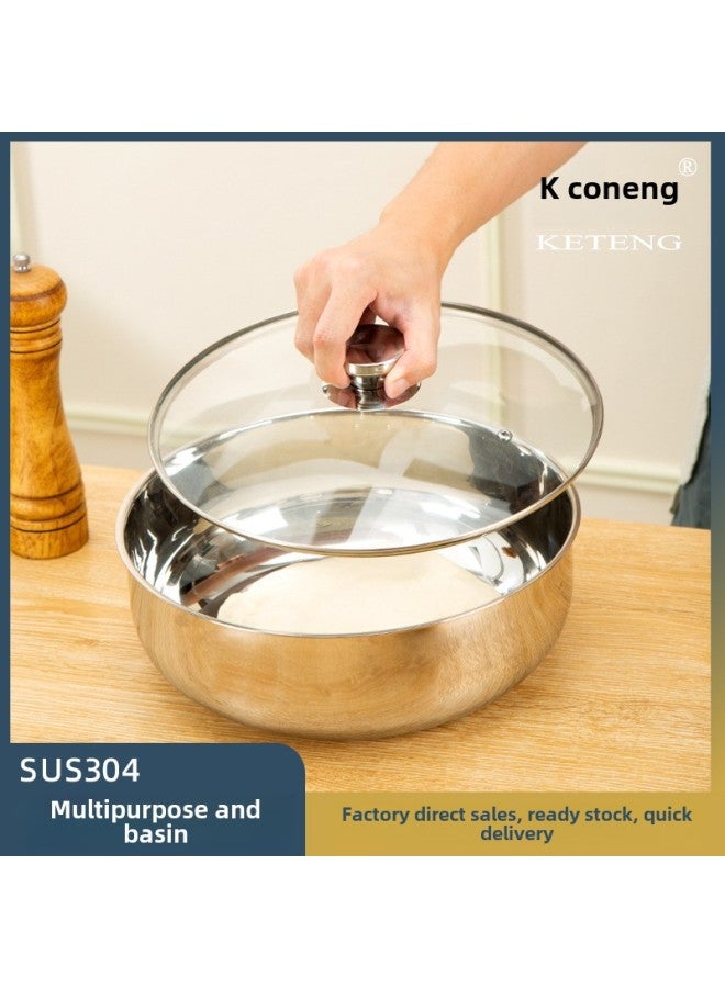 304 Stainless Steel And Basin With Lid Egg-Beating Basin Household Multifunctional Cooking Basin Kitchen Large Thickened Non-stick Basin-Color:32cm 304 Food Grade - Image 2