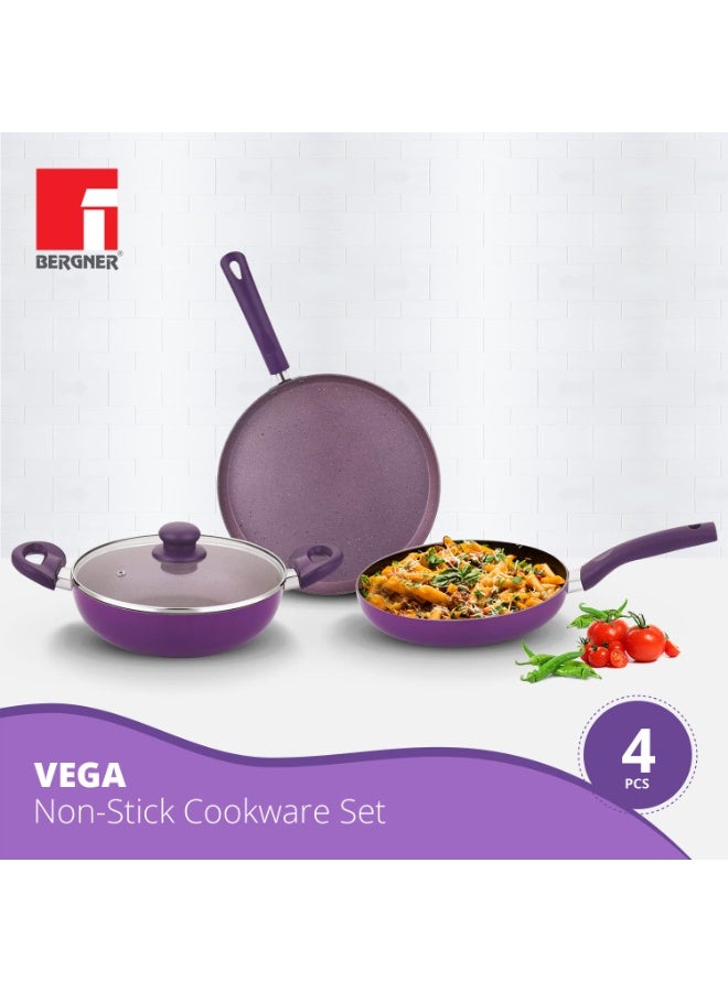 Bergner Vega Non-Stick 3 Pcs Cookware Set - 24cm (2.5 L) Kadai with Glass Lid, 24cm Frypan and 28cm Tawa, Soft Touch Handle, Minimal Oil Use - Induction Bottom, Diwali/Anniversary Gifting (Purple) - Image 3
