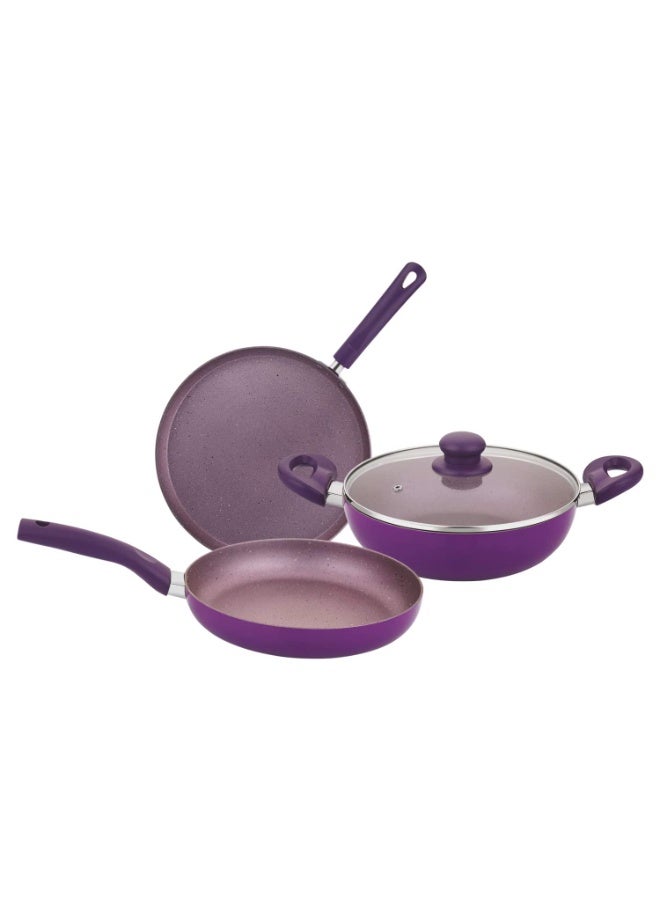 Bergner Vega Non-Stick 3 Pcs Cookware Set - 24cm (2.5 L) Kadai with Glass Lid, 24cm Frypan and 28cm Tawa, Soft Touch Handle, Minimal Oil Use - Induction Bottom, Diwali/Anniversary Gifting (Purple) - Image 1