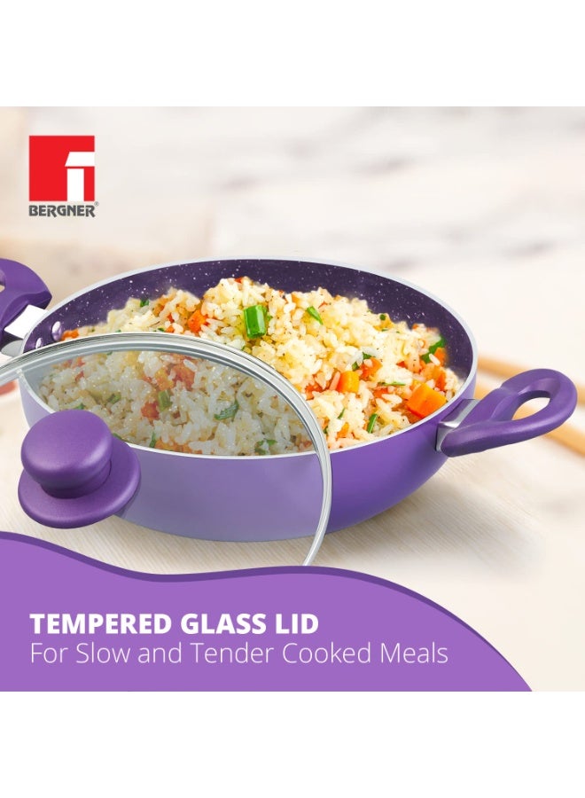 Bergner Vega Non-Stick 3 Pcs Cookware Set - 24cm (2.5 L) Kadai with Glass Lid, 24cm Frypan and 28cm Tawa, Soft Touch Handle, Minimal Oil Use - Induction Bottom, Diwali/Anniversary Gifting (Purple) - Image 4