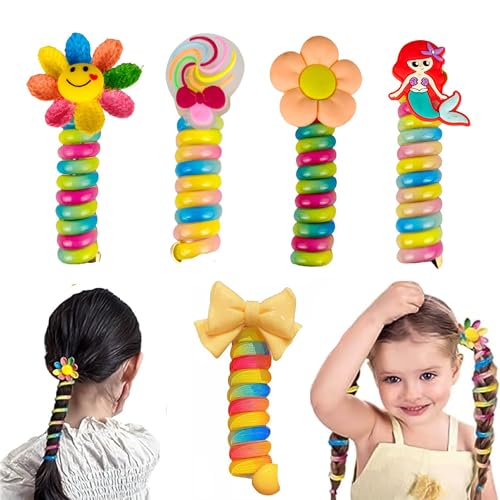 BIRDWARE Rainbow Pack of 5 Colorful Telephone Wire Spiral Hair Ties with Cute Cartoon Designs - Elastic, No-Crease Bands for Kids and Women - Image 1