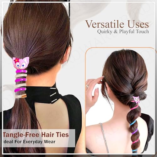 BIRDWARE Rainbow Pack of 5 Colorful Telephone Wire Spiral Hair Ties with Cute Cartoon Designs - Elastic, No-Crease Bands for Kids and Women - Image 5