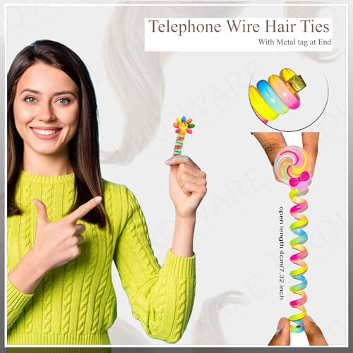 BIRDWARE Rainbow Pack of 5 Colorful Telephone Wire Spiral Hair Ties with Cute Cartoon Designs - Elastic, No-Crease Bands for Kids and Women - Image 3