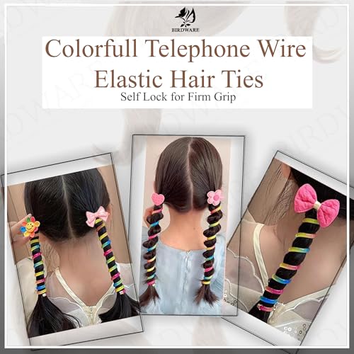 BIRDWARE Rainbow Pack of 5 Colorful Telephone Wire Spiral Hair Ties with Cute Cartoon Designs - Elastic, No-Crease Bands for Kids and Women - Image 2