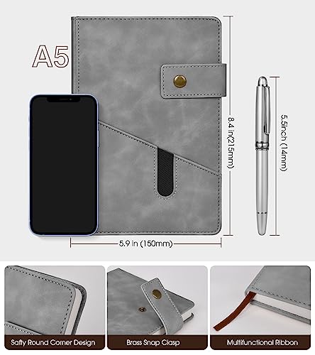 vfaejll Grey A5 Lined Leather Journal Notebook for Men Women,5.9" X 8.4" Personalized Hardcover Journal with Pen,200 Pages 100 Gsm Thick Ruled Paper Daily Diary for Travel,Business,Work,Writing - Image 2