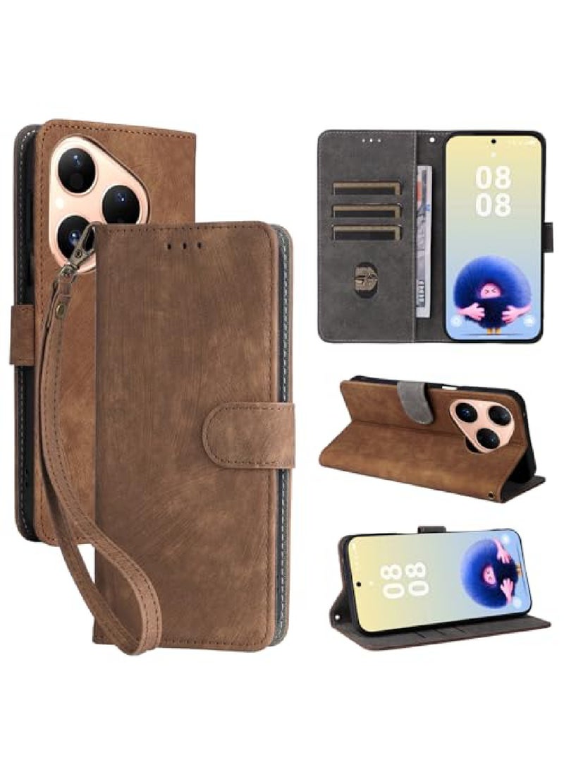 Adando for Huawei Pura 80 Flip Cover with Hand Strap, PU Leather Full Body Protection Shockproof Flip Mobile Phone Case, RFID Anti-theft Brush Folio Wallet Case (Brown) - Image 1
