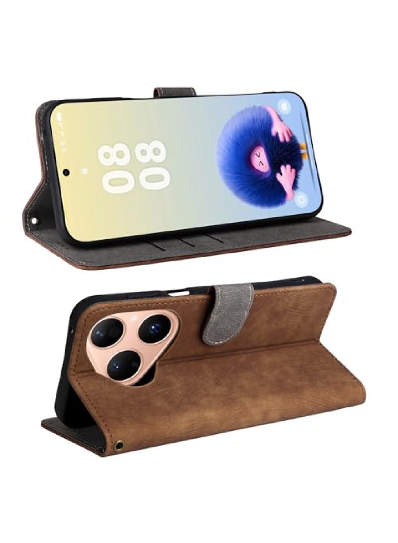 Adando for Huawei Pura 80 Flip Cover with Hand Strap, PU Leather Full Body Protection Shockproof Flip Mobile Phone Case, RFID Anti-theft Brush Folio Wallet Case (Brown) - Image 2