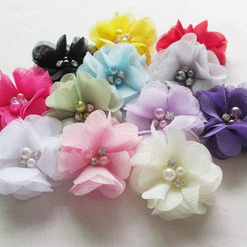 Chenkou Craft Pack of 12pcs Chiffon Flowers Ribbon Bows W/Beads 2-3/8" (60mm) Appliques Wedding Decor Bulk Lots (Multi-Color) - Image 2