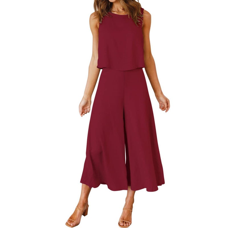 2023 European and American new TEMU womens summer 2-piece clothing round neck top short solid color wide leg pants set Burgundy 
