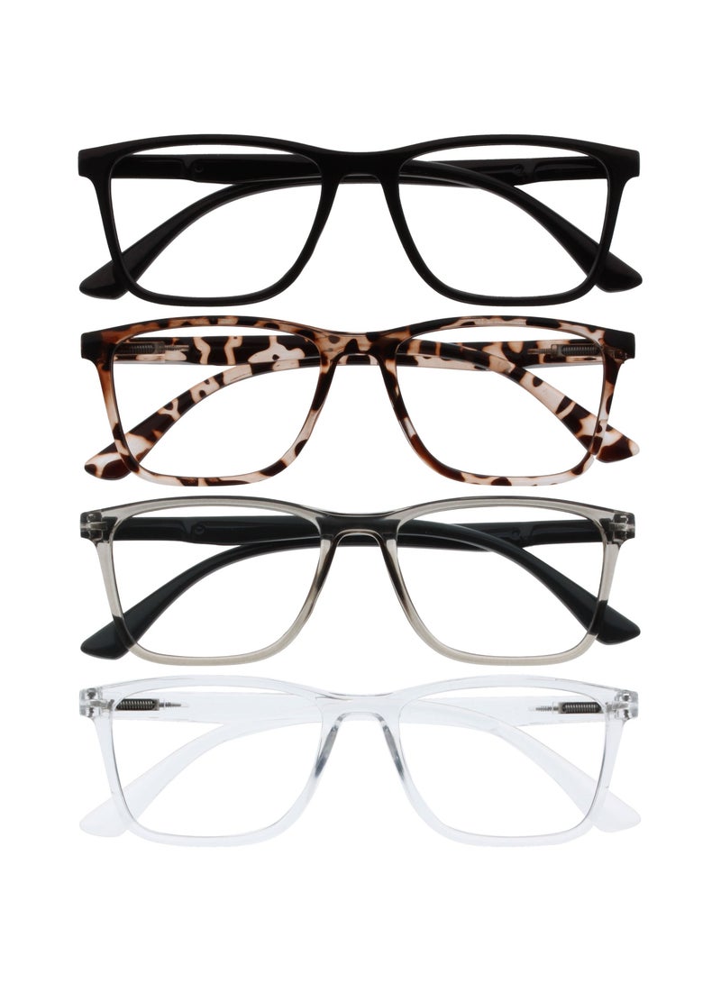 OPULIZE NYX Reading Glasses with Blue Light Blocking for Women Men, Rectangular Frame with UV & Eyestrain Protection, Anti-Glare Computer Gaming Glasses, Black, Brown, Grey, Clear +0.0 (Pack of 4) - Image 1