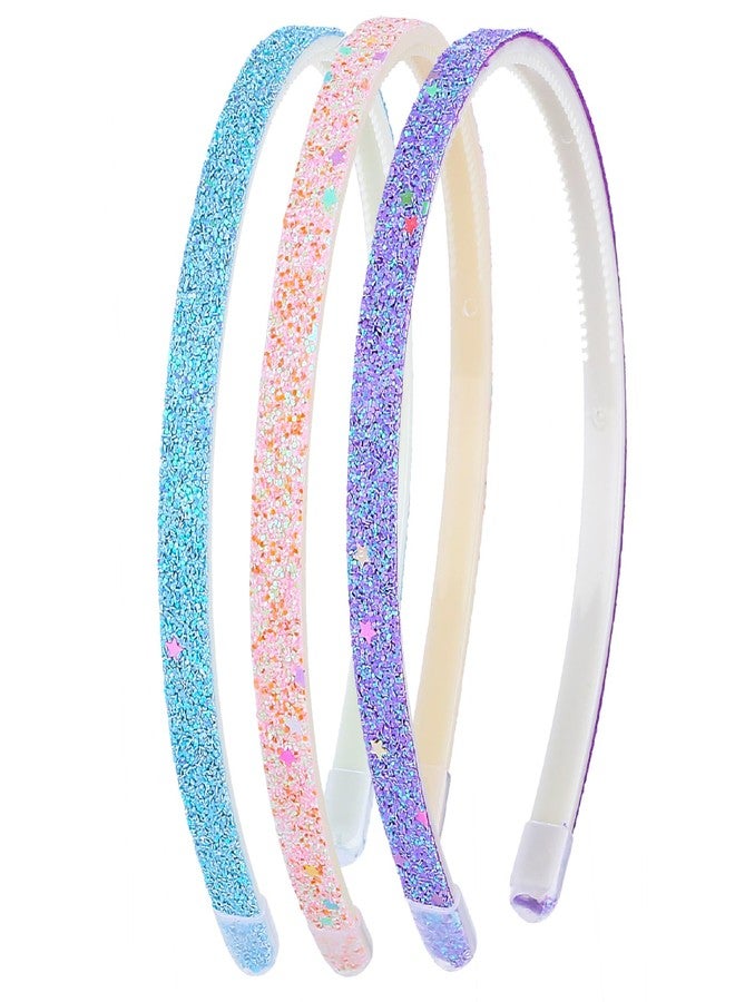 WLLHYF Glitter Headband, Plastic Cute Sparkly Non Slip Head Bands with Teeth, Colorful Confetti Rainbow Bling Sweet Hard Hairbands, Little Girl Hair Accessories (3, Pink + Blue + Purple) - Image 1