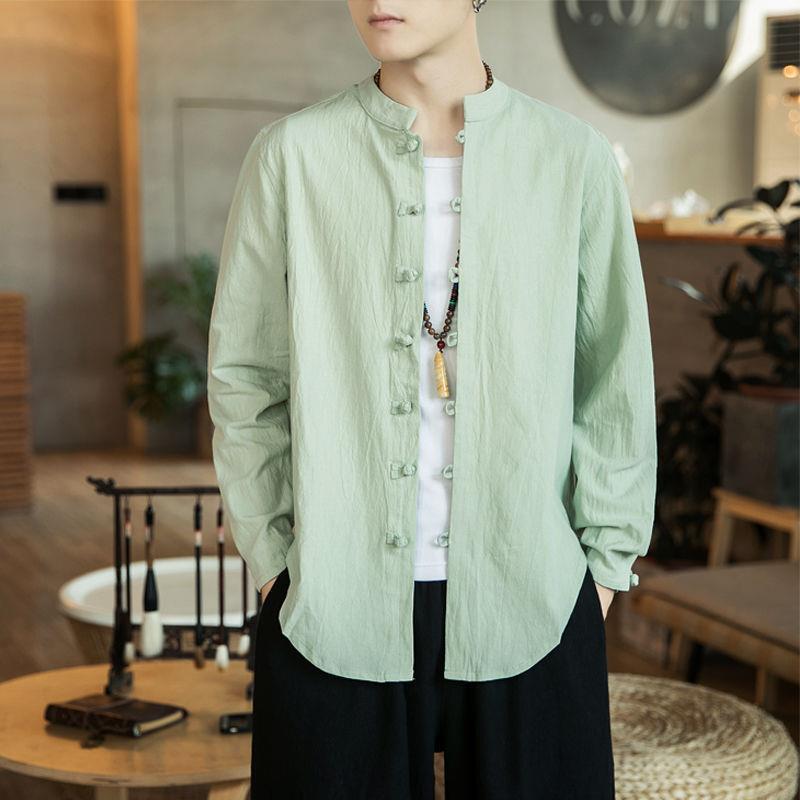 Autumn Mens Clothing Retro Style Chinese Style Cotton and Linen Chinese Style Hanfu Tang Coat Cardigan Loose Casual Long-sleeved Shirt Pea green 