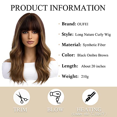 OUFEI 20 Inches Long Nature Curly Black Ombre Brown Wigs for Women Natural Synthetic Hair Heat Resistant Wigs for Daily Party Cosplay Wear - Image 3
