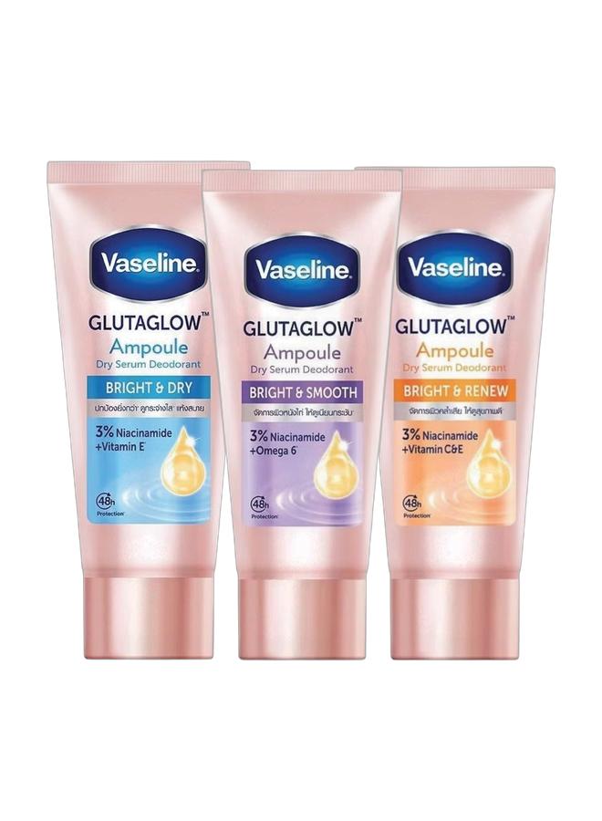Vaseline Gluta Glow Ampoule Serum Deodorant Bright & Smooth 45ml & Glutaglow Bright & Renew Ampoule Dry Serum Deodorant - 45ml & Glutaglow Bright & Dry Ampoule Dry Serum Deodorant - 45ml Bundle - Image 1