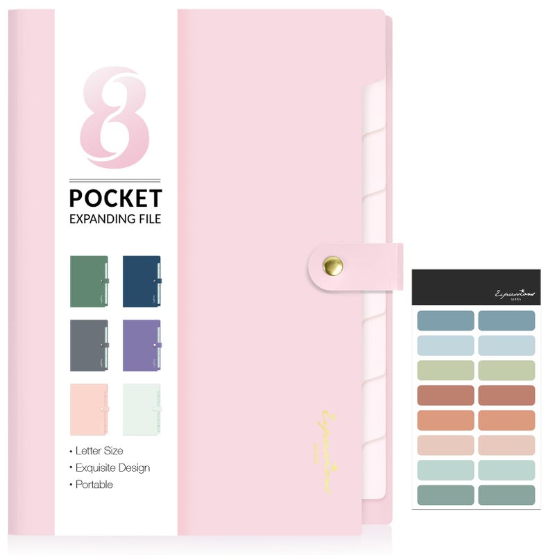 Sooez Elegant Accordion File Organizer with Labels, 8 Pocket Expanding File Folder, Portable Folders for Documents, Cute Paper Organizer for School Office Supplies, Letter Size, Blush - Image 1
