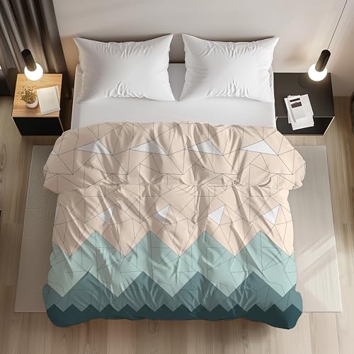 LOOMLYFE 200TC Premium Glace Cotton Duvet Cover/Comforter Cover/Rajai Cover/Blanket Cover/Quilt Cover for Double Bed with Zipper 90"x100" inches - BeigeGreenTriagnle - Image 1