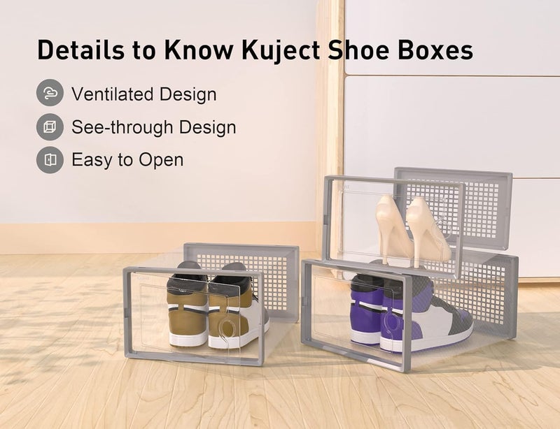 Kuject X-Large Shoe Storage Boxes Organizers Clear Plastic Stackable 12 Pack, Shoe Rack & Holder Substitute, Sneaker Containers, Toy Storage Organizer Bins for Entryway, Closet, Under Bed, Grey - Image 4