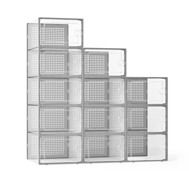 Kuject X-Large Shoe Storage Boxes Organizers Clear Plastic Stackable 12 Pack, Shoe Rack & Holder Substitute, Sneaker Containers, Toy Storage Organizer Bins for Entryway, Closet, Under Bed, Grey - Image 1