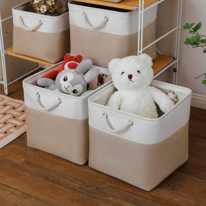 MidmmVick 13 x 13 Inch Cube Storage Bins, 6 Pack Extra Large Collapsible Fabric Storage Bin with Ropes, Foldable Storage Cubes for Home (White & Beige-13"x13"x13") - Image 3