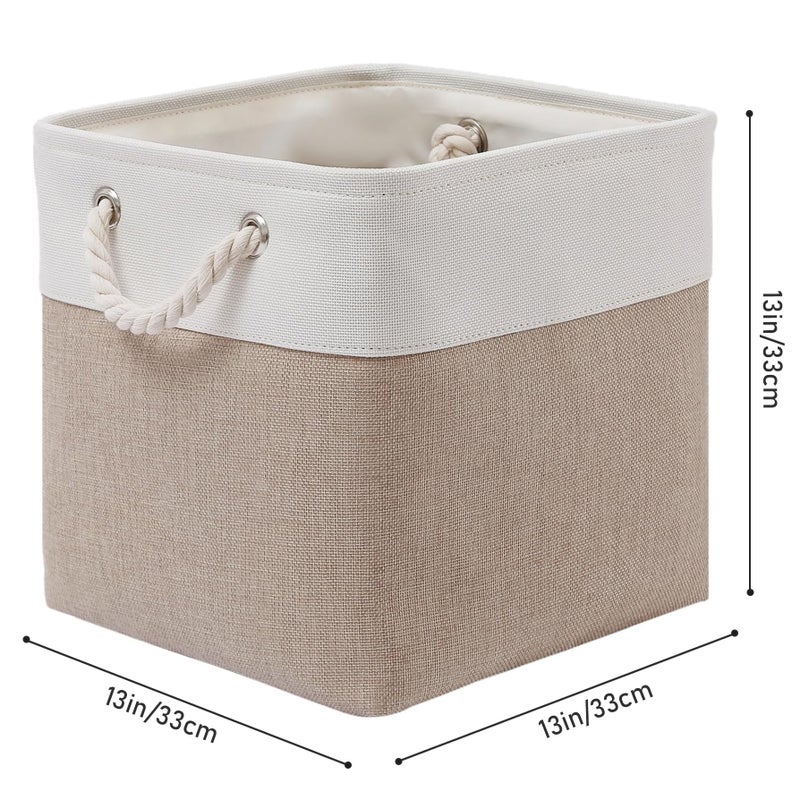 MidmmVick 13 x 13 Inch Cube Storage Bins, 6 Pack Extra Large Collapsible Fabric Storage Bin with Ropes, Foldable Storage Cubes for Home (White & Beige-13"x13"x13") - Image 5