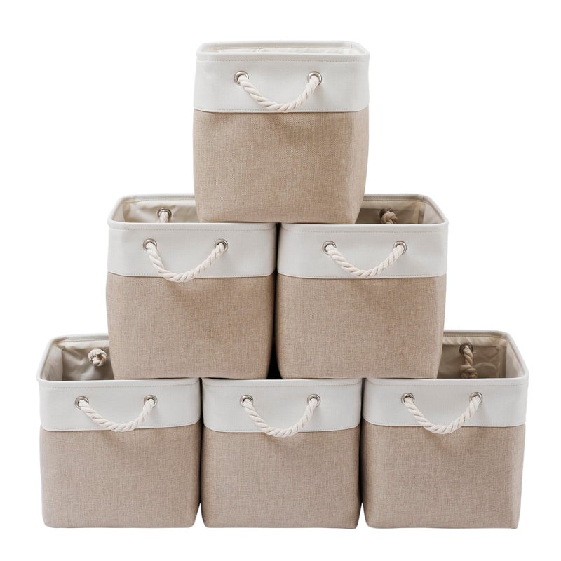 MidmmVick 13 x 13 Inch Cube Storage Bins, 6 Pack Extra Large Collapsible Fabric Storage Bin with Ropes, Foldable Storage Cubes for Home (White & Beige-13"x13"x13") - Image 1