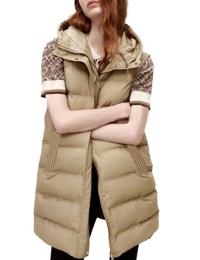 Tanming Womens Long Puffer Vest Casual Sleeveless Puffy Jacket with Removable Hood KhakiL