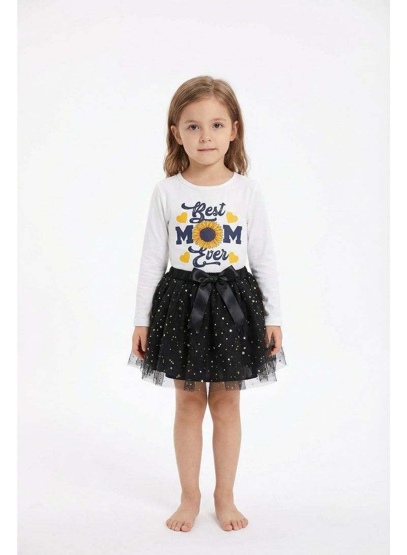 Girls Black Skirt Set, 2-Piece (White Long Sleeve Cotton Top & Star-Printed Tulle Skirt) - Ages 2 to 14 Years. - Image 1