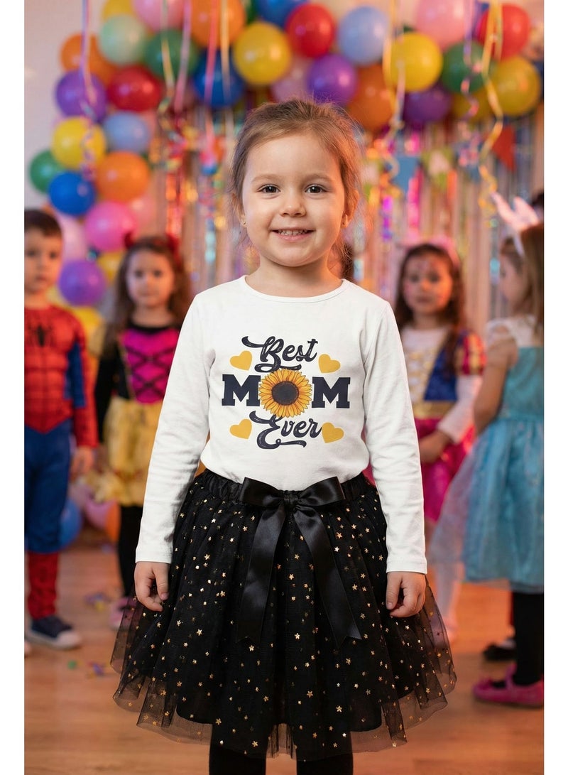 Girls Black Skirt Set, 2-Piece (White Long Sleeve Cotton Top & Star-Printed Tulle Skirt) - Ages 2 to 14 Years. - Image 5
