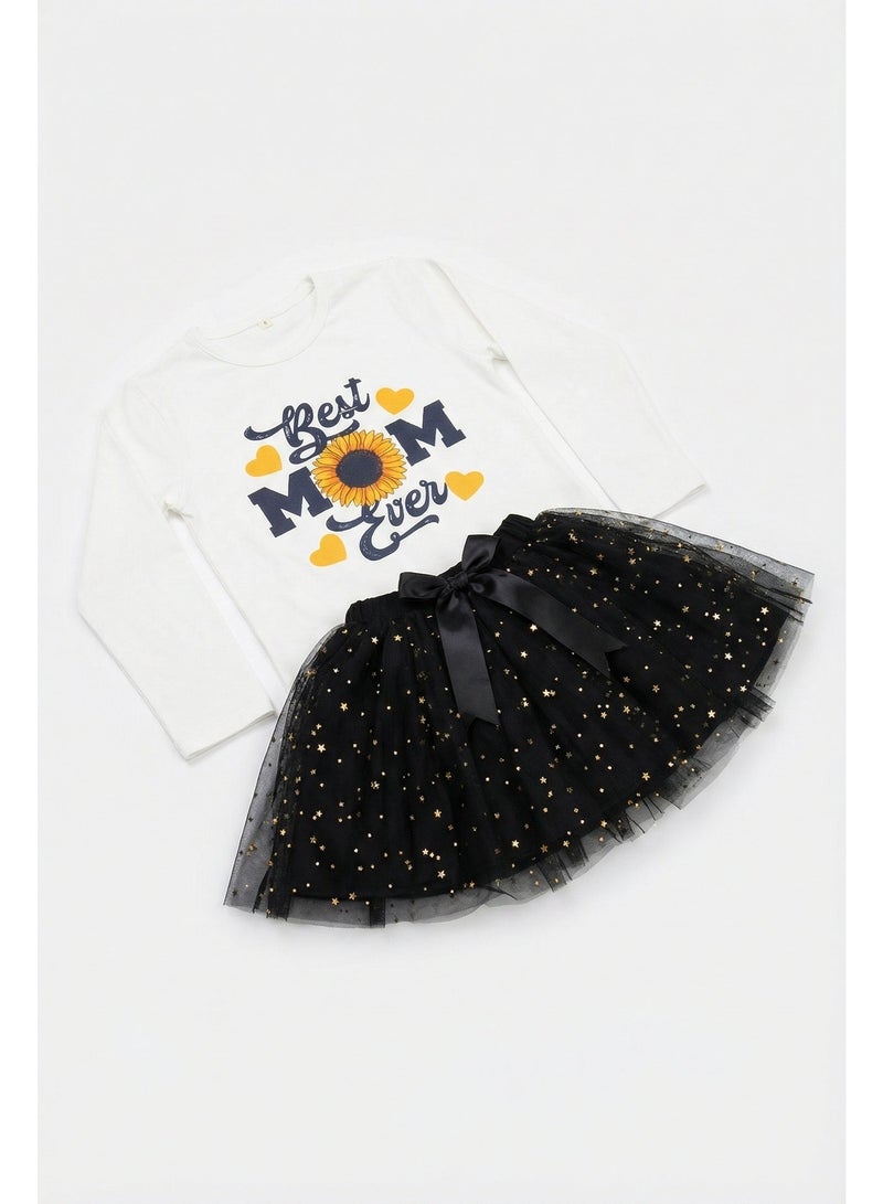 Girls Black Skirt Set, 2-Piece (White Long Sleeve Cotton Top & Star-Printed Tulle Skirt) - Ages 2 to 14 Years. - Image 3