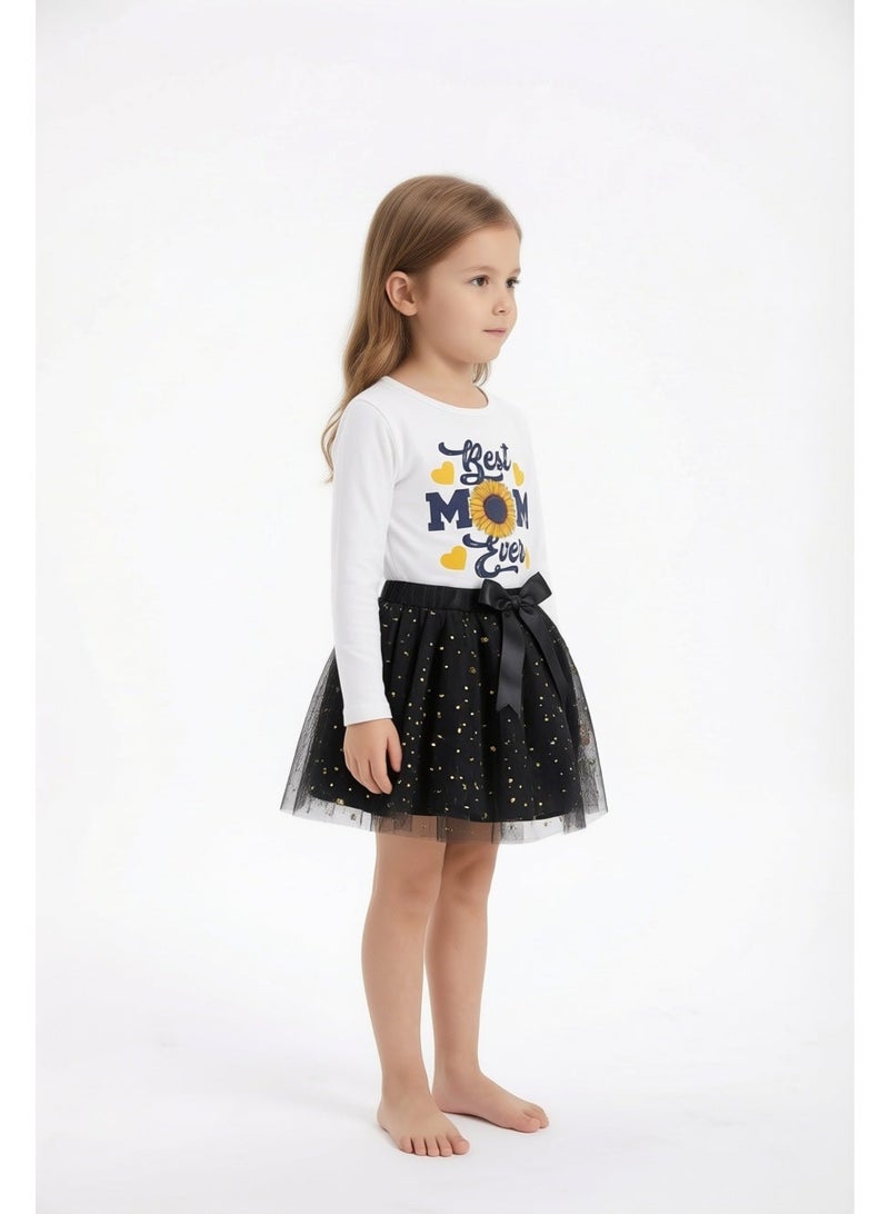 Girls Black Skirt Set, 2-Piece (White Long Sleeve Cotton Top & Star-Printed Tulle Skirt) - Ages 2 to 14 Years. - Image 2