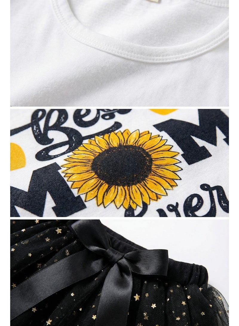 Girls Black Skirt Set, 2-Piece (White Long Sleeve Cotton Top & Star-Printed Tulle Skirt) - Ages 2 to 14 Years. - Image 4