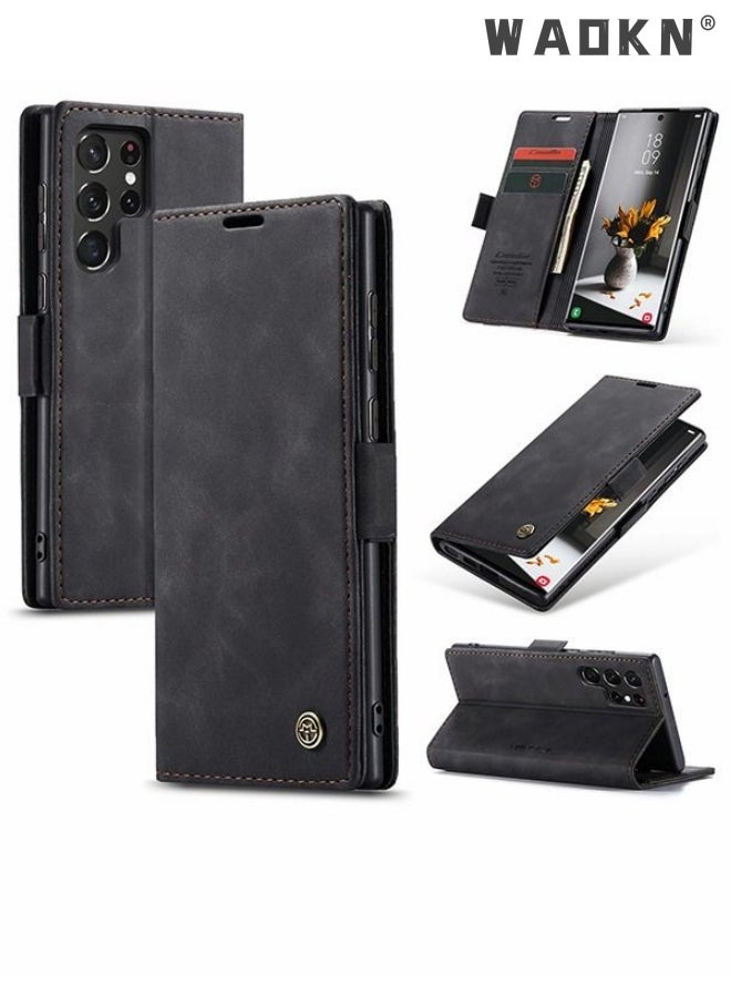 CaseMe For Samsung Galaxy S25 Ultra Case, Luxury Leather Wallet Cover, Leather Wallet Case Classic Design with Card Slot and Magnetic Flip Flip Folding Case Black - Image 2
