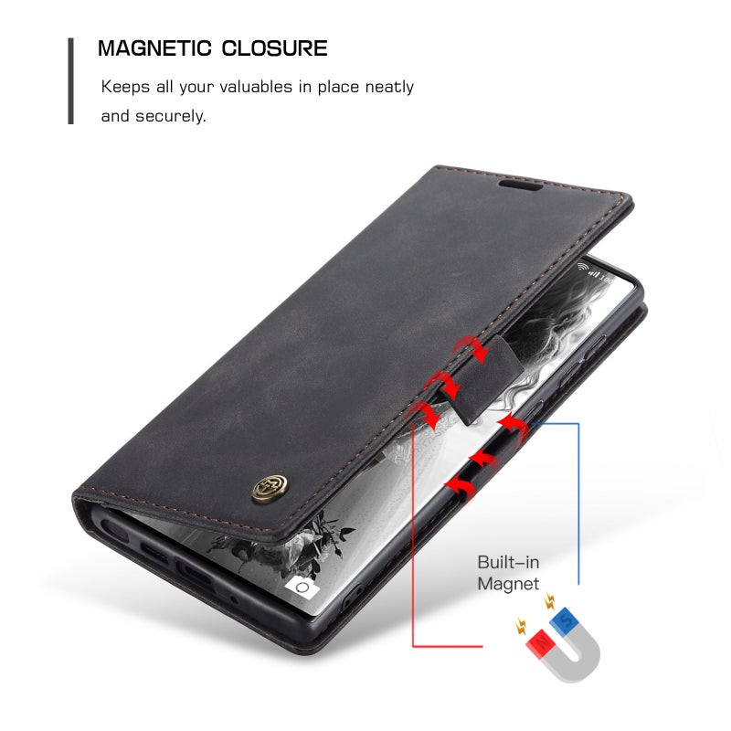 CaseMe For Samsung Galaxy S25 Ultra Case, Luxury Leather Wallet Cover, Leather Wallet Case Classic Design with Card Slot and Magnetic Flip Flip Folding Case Black - Image 4
