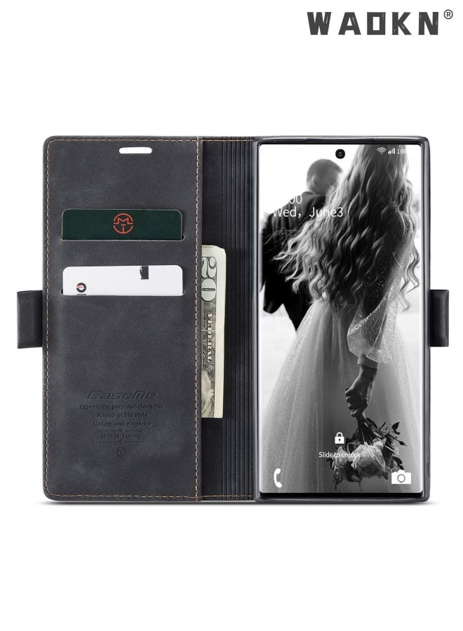 CaseMe For Samsung Galaxy S25 Ultra Case, Luxury Leather Wallet Cover, Leather Wallet Case Classic Design with Card Slot and Magnetic Flip Flip Folding Case Black - Image 3