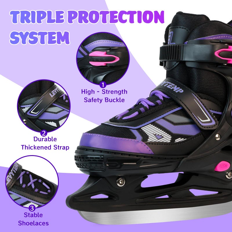 LEVYTEMP Adjustable ice Skates for Kids Boys Girls, 4 Size Triple Protection Beginner Figure Blades with Ankle Support for Outdoor and Rink,Purple - Image 4