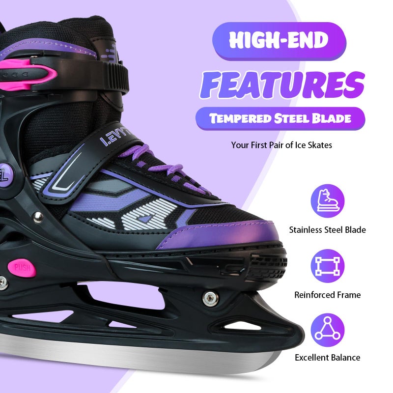 LEVYTEMP Adjustable ice Skates for Kids Boys Girls, 4 Size Triple Protection Beginner Figure Blades with Ankle Support for Outdoor and Rink,Purple - Image 3