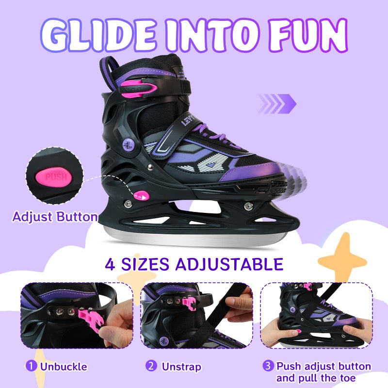LEVYTEMP Adjustable ice Skates for Kids Boys Girls, 4 Size Triple Protection Beginner Figure Blades with Ankle Support for Outdoor and Rink,Purple - Image 2