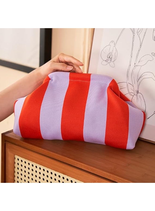 Evening Bag Woven Crochet Purses for Women Beach Clutch Handbag Dumpling Clutch Ruched Cloud Purse colorblock bag（pink-orange） - Image 3