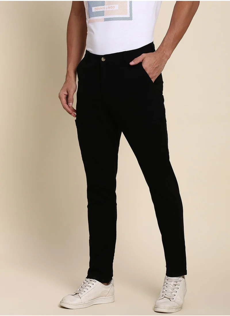 Dennis Lingo Men's Black Cotton Blend Solid Full Length Chinos Tapered Fit Trouser
