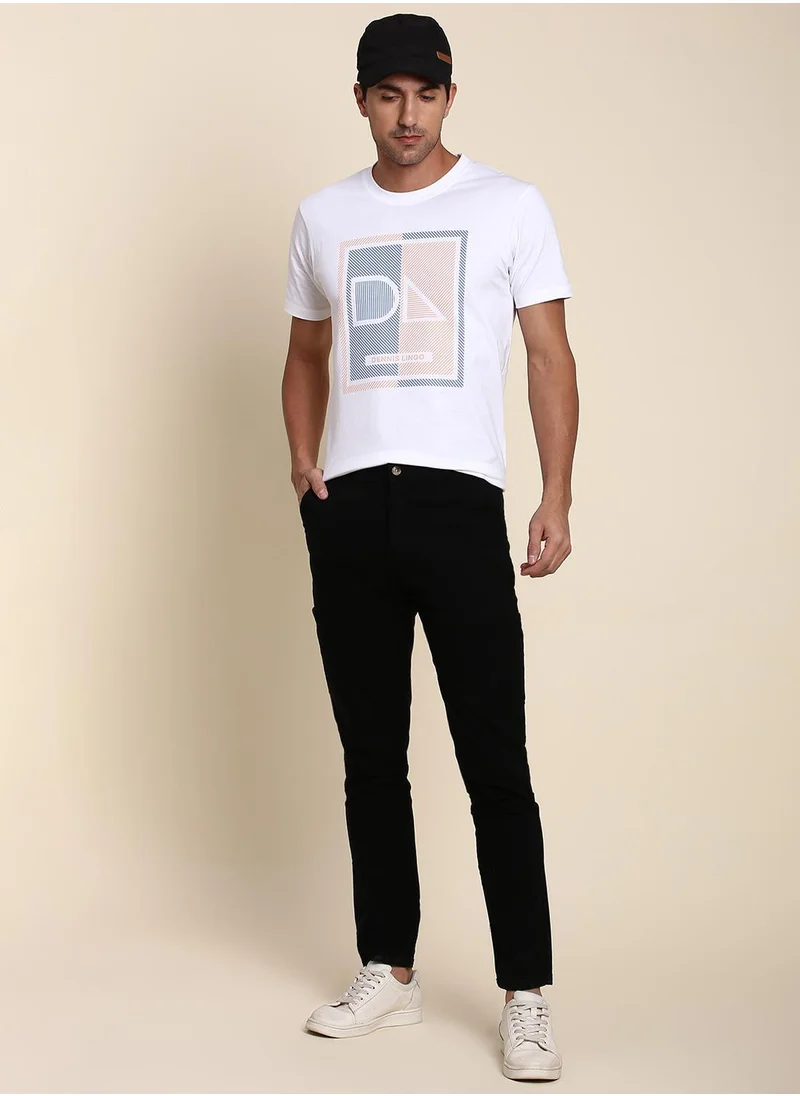 Dennis Lingo Men's Black Cotton Blend Solid Full Length Chinos Tapered Fit Trouser