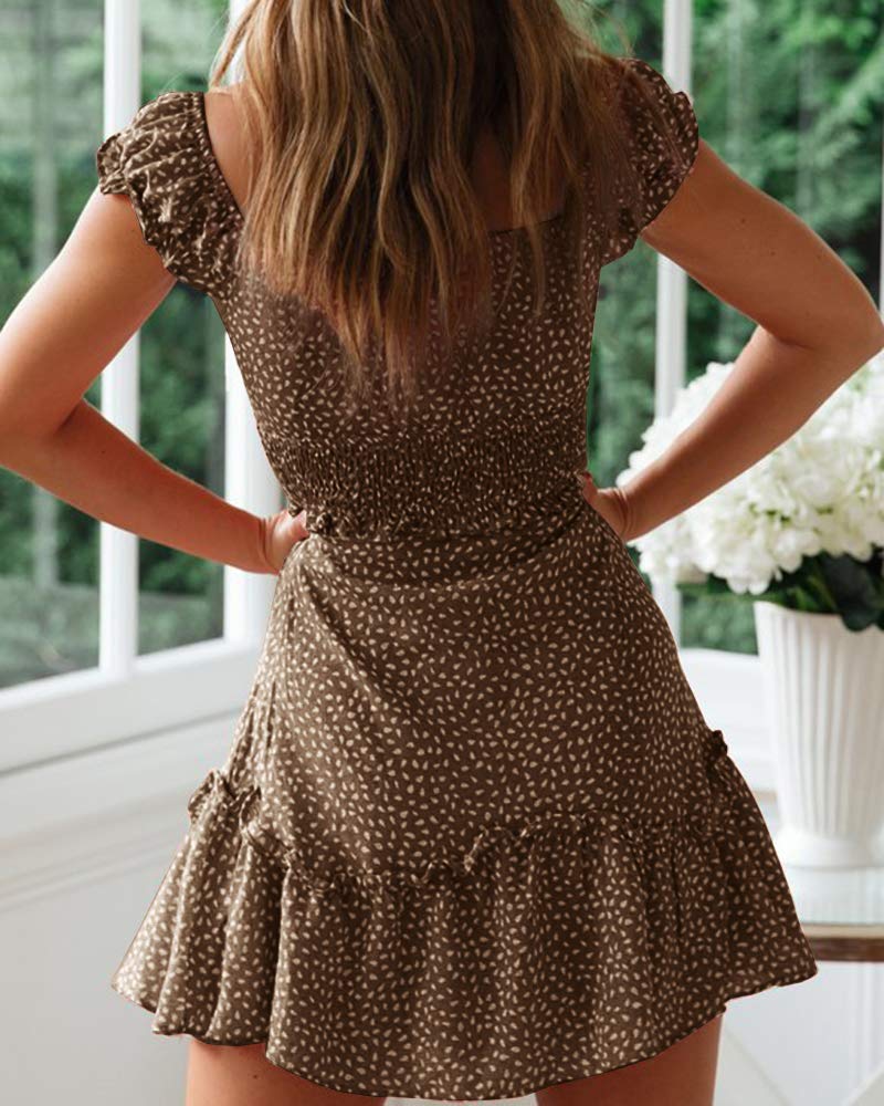 YOBECHO Womens Summer Ruffle Sleeve Sweetheart Neckline Printing Dress Mini Dresses Khaki - Image 3