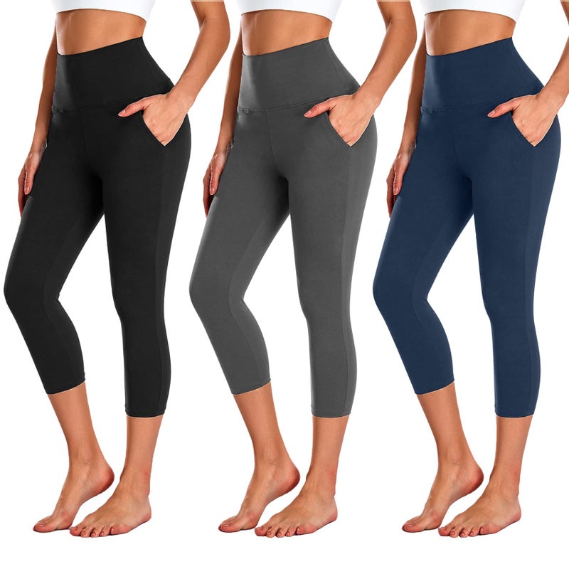 NEW YOUNG 3 Pack Capri Leggings for Women with Pockets-High Waisted Tummy Control Workout Gym Yoga Pants - Image 1