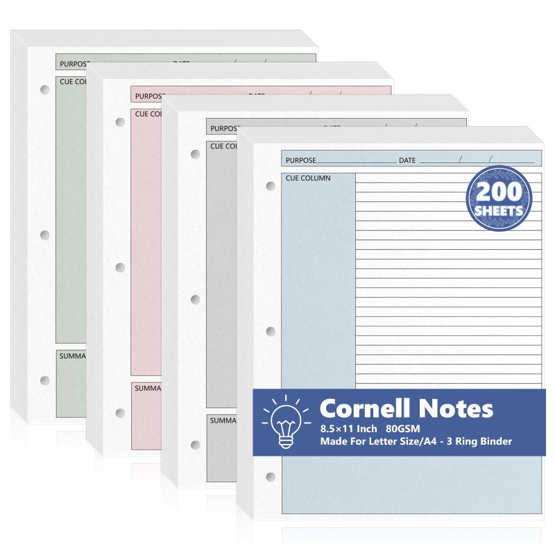 OKWUYiK 200 Sheet Colored Cornell Notes Loose Leaf Paper 8.5Ã—11 Inch for 3 Ring Binder College Ruled Taking System Filler Paper Letter Size Notebook Refill Paper Bulk for School Office Business Home 80gsm - Image 1