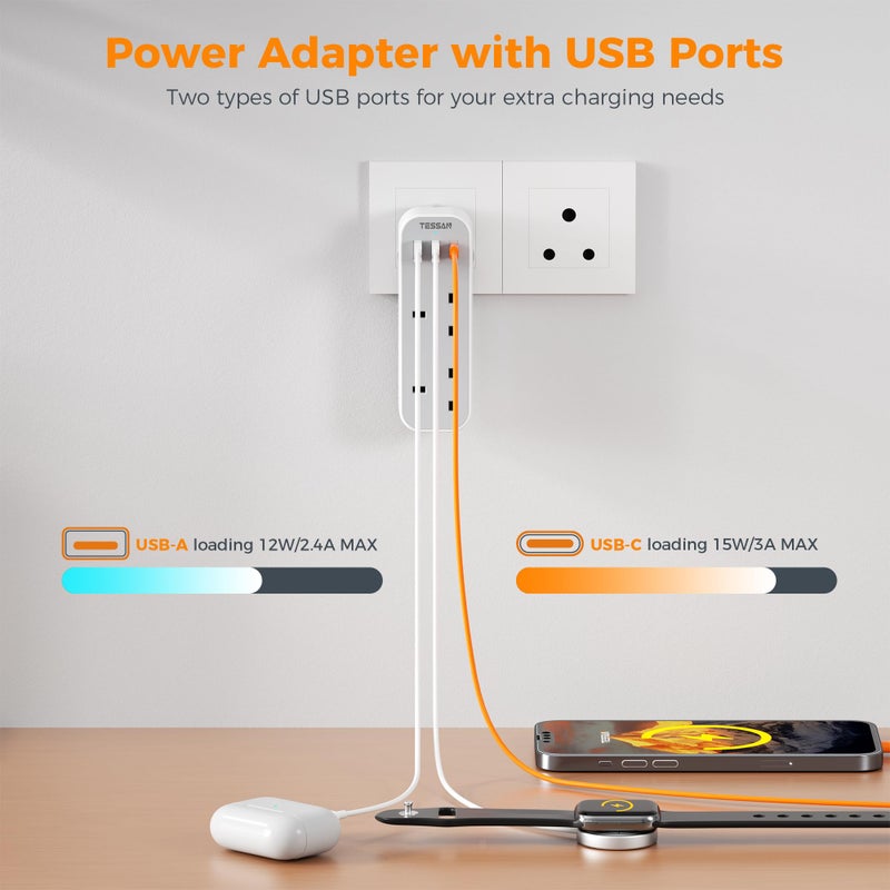 تيسان TESSAN South Africa Plug Adapter, Type M Travel Adaptor with USB C - Image 4