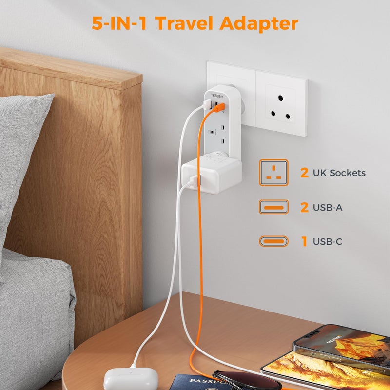 تيسان TESSAN South Africa Plug Adapter, Type M Travel Adaptor with USB C - Image 3